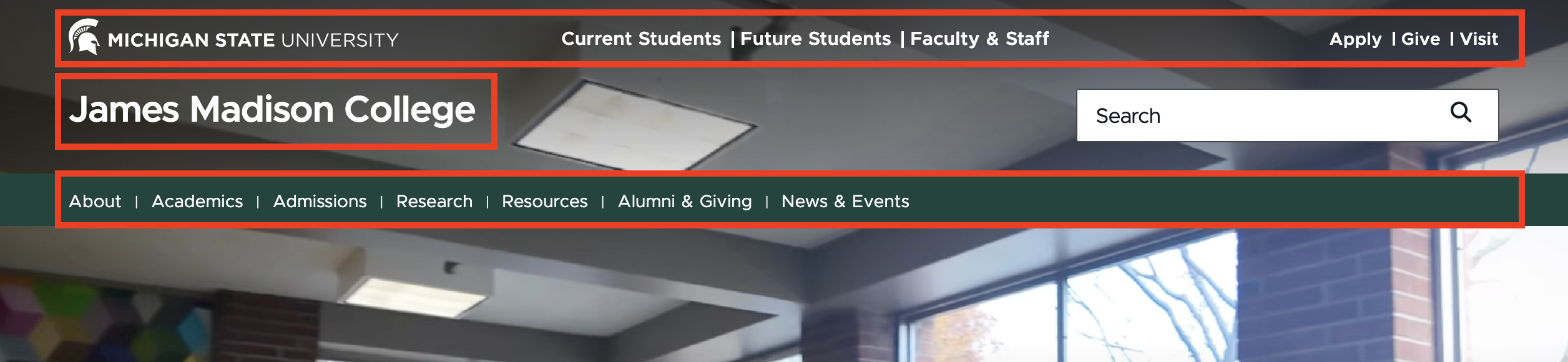 Screenshot of the header on the James Madison College website, with the brand bar, masthead and main navigation outlined with red boxes.