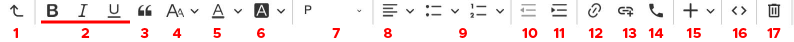 A screenshot of the icon toolbar with red numbers noting the icons listed in the key below.