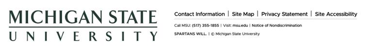 Screenshot of the MSU legal footer showing the MSU wordmark, Contact Information, Site Map, Privacy Statement, Site Accessibility links, the MSU operator phone number and website, an affirmative-action and nondescription statement links, the SPARTANS WILL tagline and copyright notice.