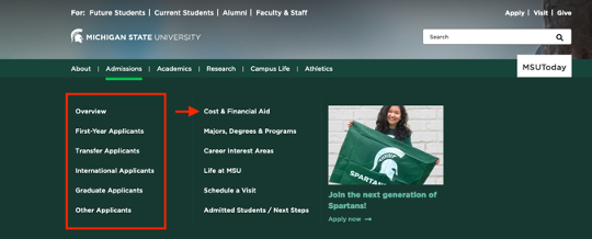 Screenshot of the expanded main navigation with a column surrounded by a red box and an individual link highlighted with a red arrow.