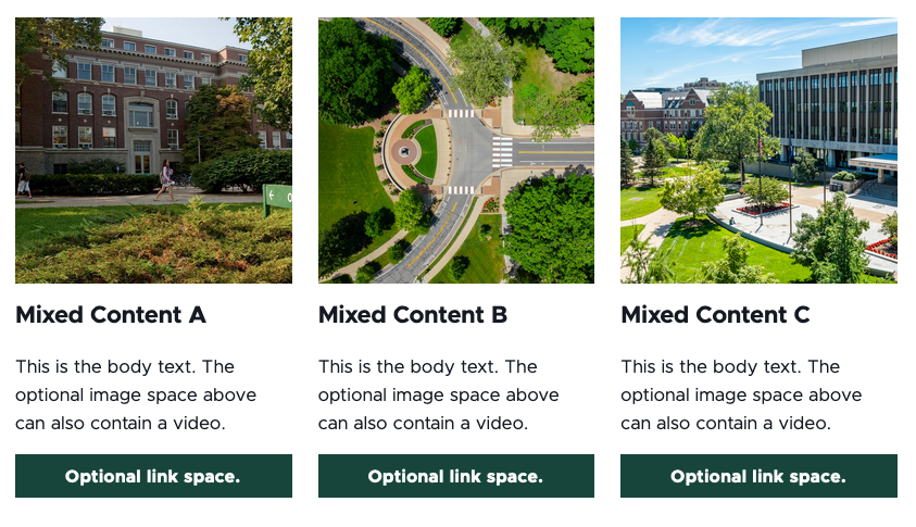 A mixed content component showing three images with accompanying text and CTA buttons for each