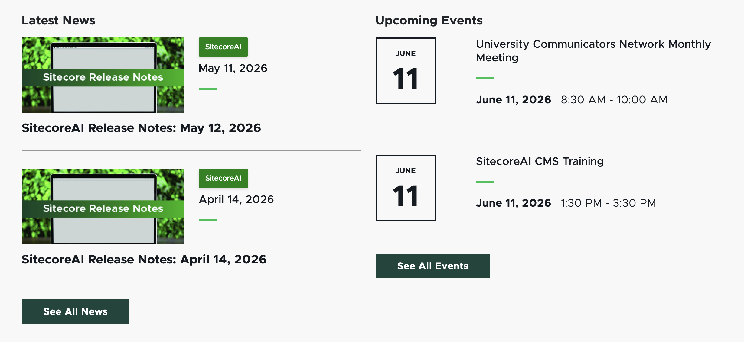 A screenshot showing two featured news items on the left and two upcoming events on the right.