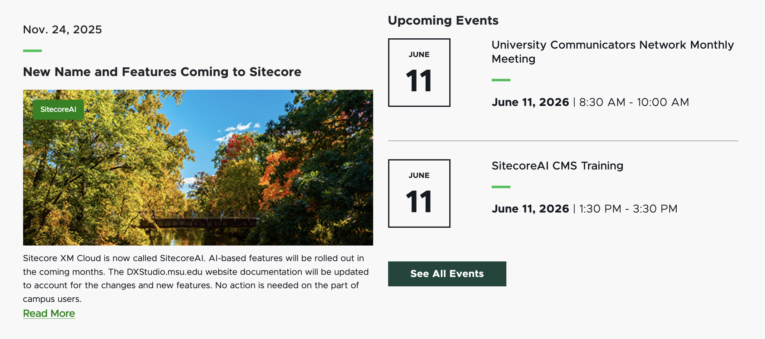 A screenshot showing one featured news item on the left and two upcoming events on the right.