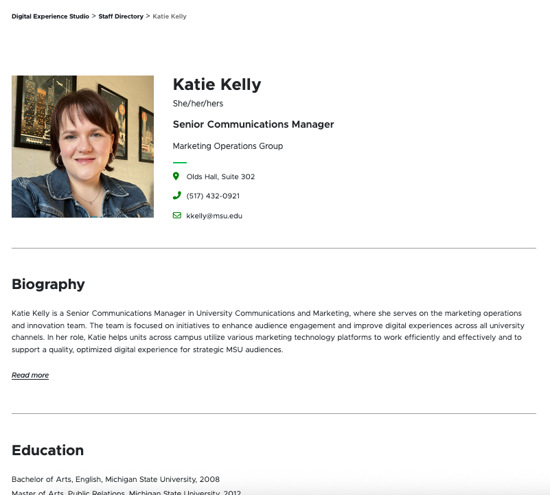 Screenshot of a person details page for Katie Kelly