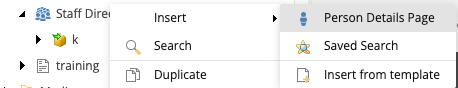 Screenshot of the content tree expanded to Staff Directory, then Insert and Person Details Page
