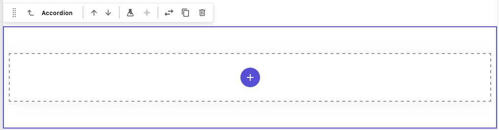 Screenshot of an empty accordion component with the Accordion component toolbar displayed above it.