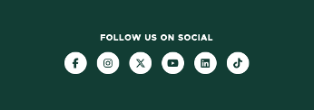 Screenshot of the social share component including a headline of "FOLLOW US ON SOCIAL" and social icons for Facebook, Instagram, X, YouTube, LinkedIn and TikTok