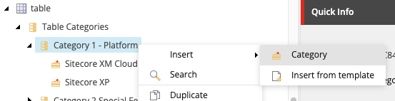 Content tree expanded to table, table categories, Category 1, Insert, Category