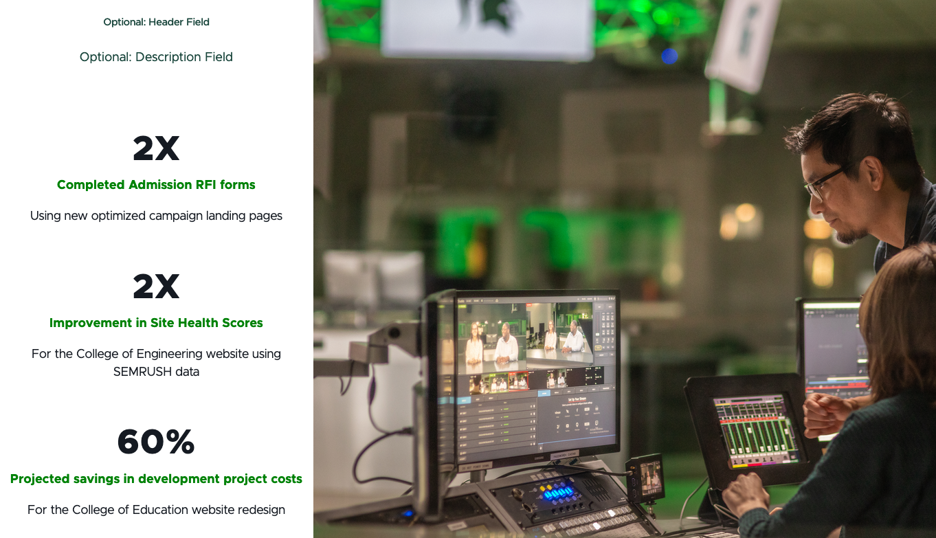 Screenshot of a text fact grid. Three facts appear in black and bright green text on a white background on the left. A photo of students in front of a computer screen is on the right.