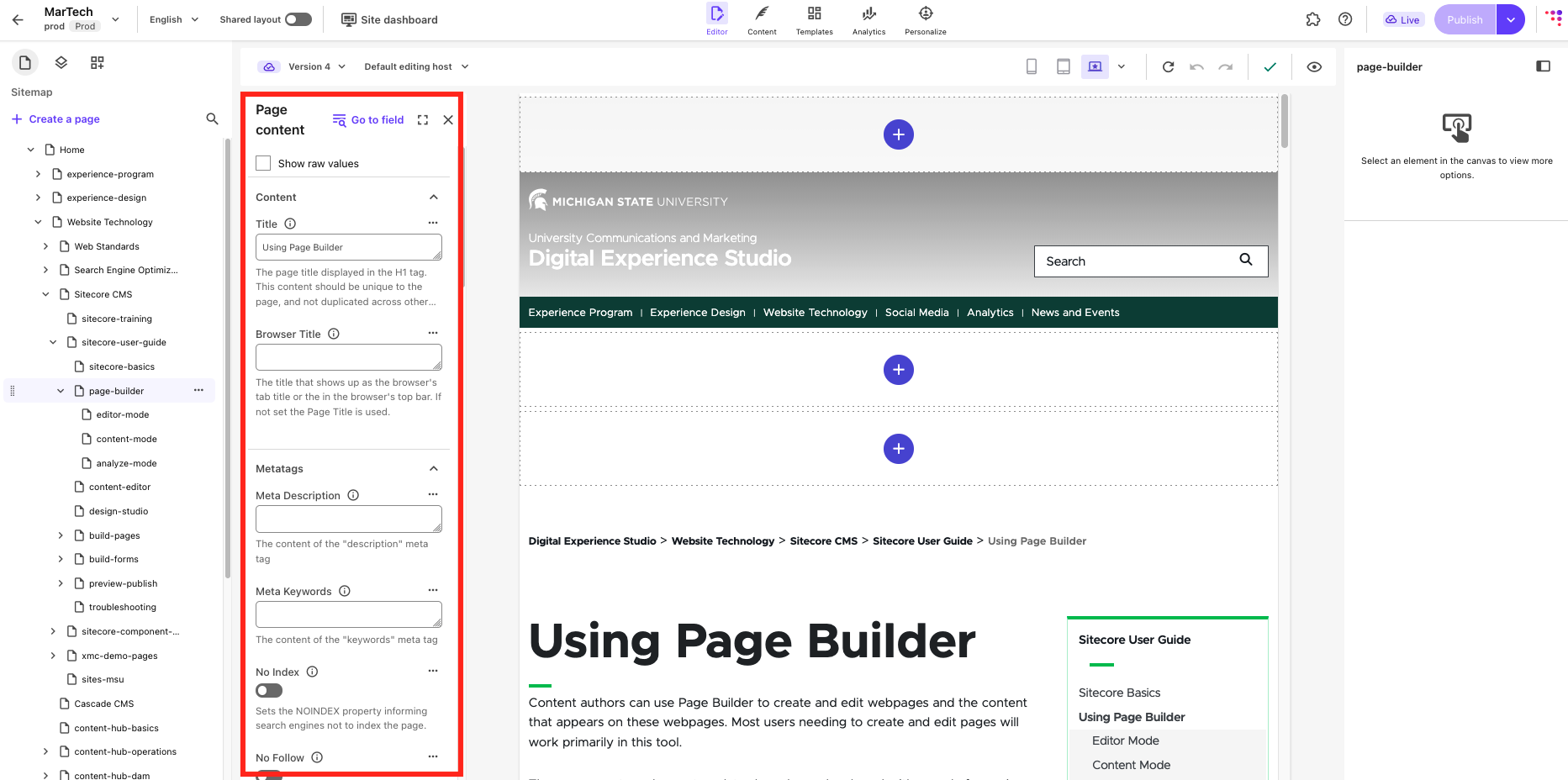 The left side extended panel is outlined in red. This example shows Page Content.