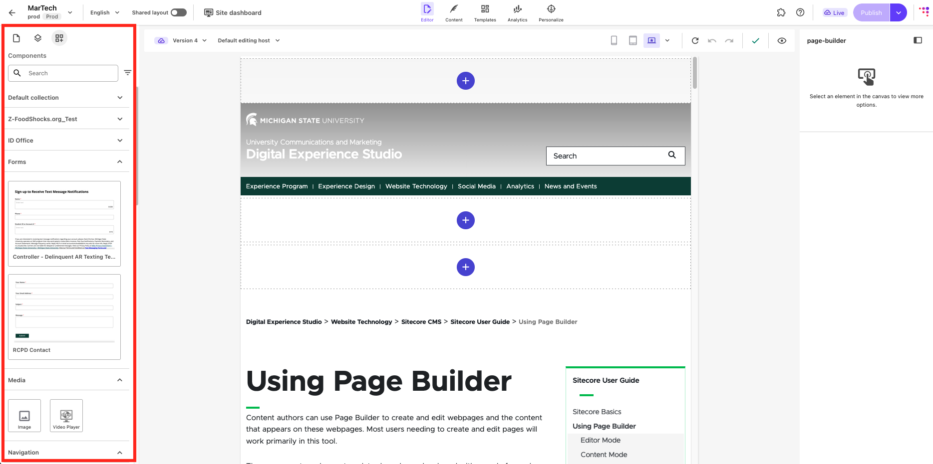 The left side panel menu displaying components that can be placed on a page.