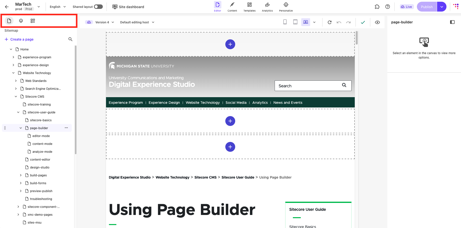 The pages, layers and component view selection icons are outlined in red