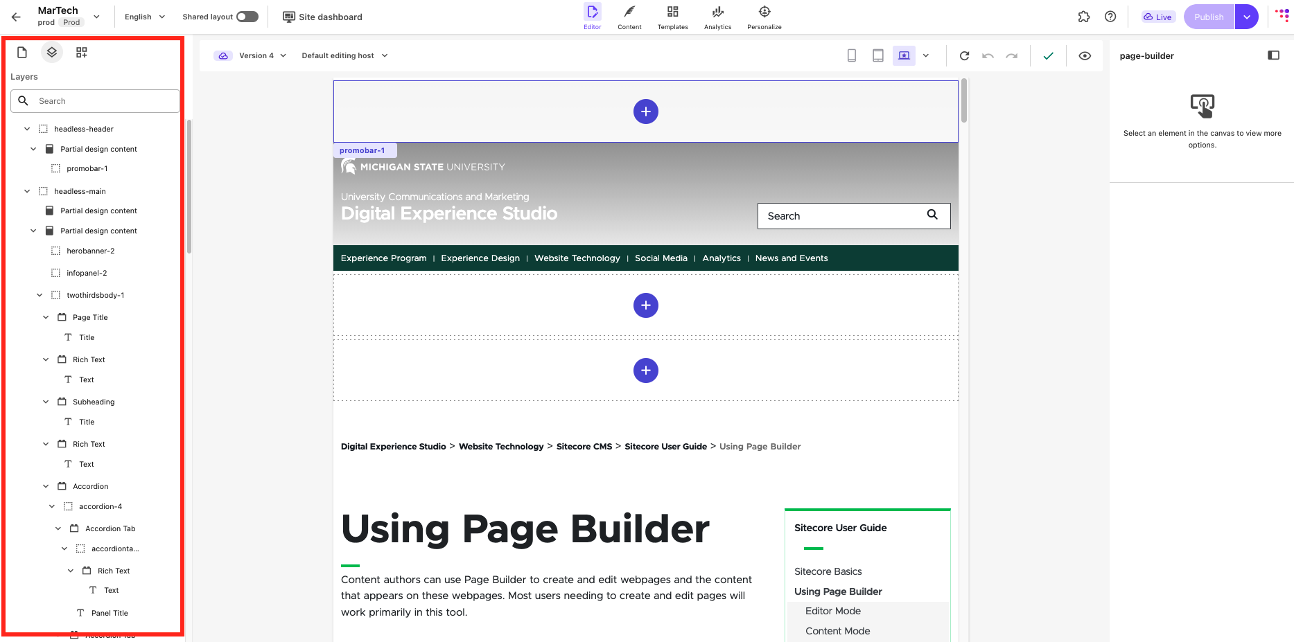 The left side panel displaying layers of items on a page.