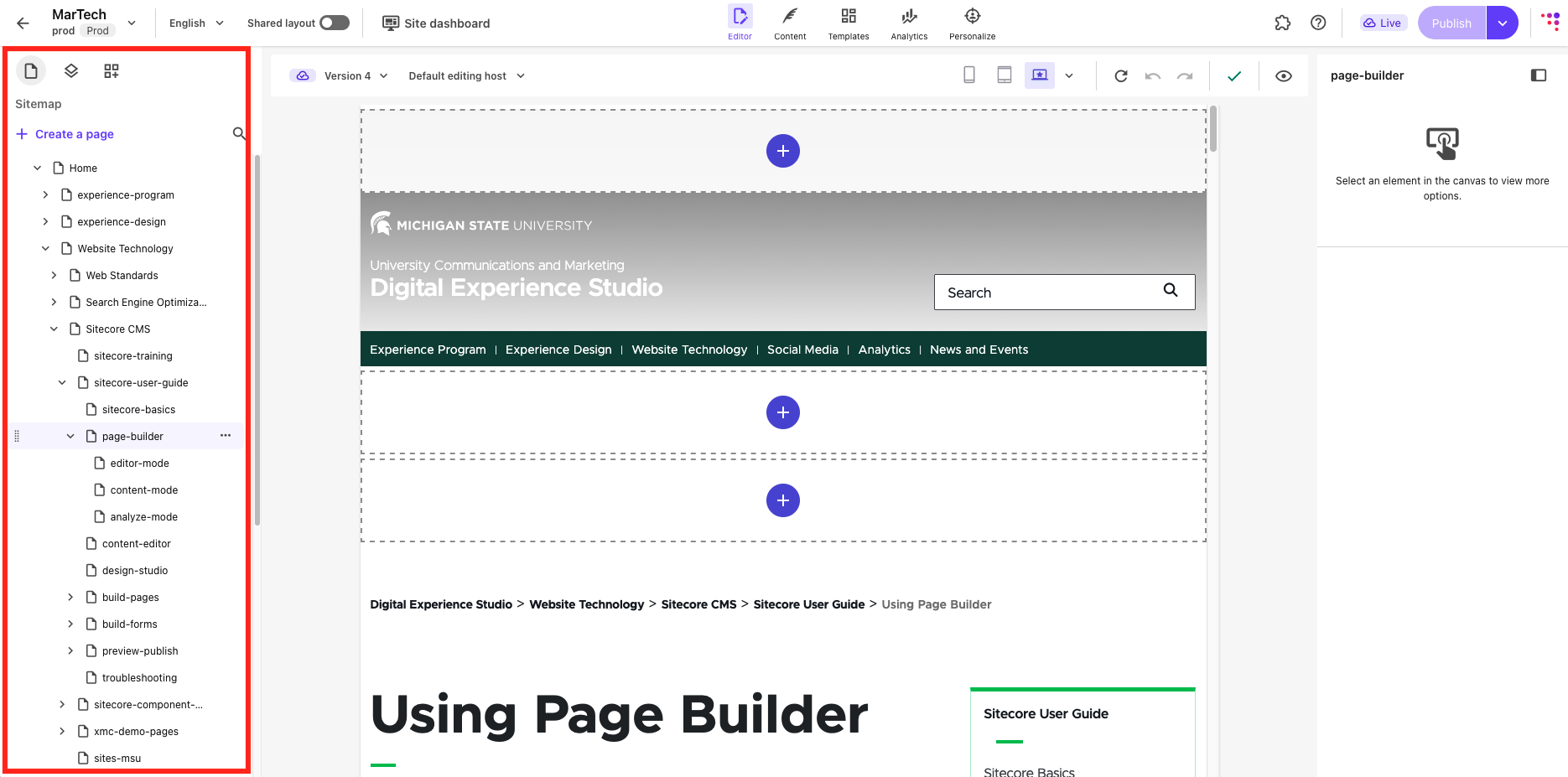 The left side panel displaying a site tree of pages within the site.