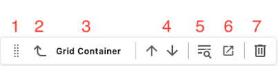 Screenshot showing a Grid Container component menu bar with each icon numbered
