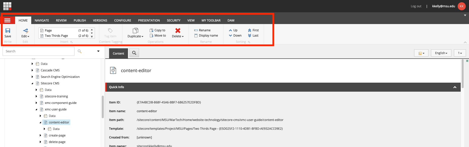 A screenshot of the content editor interface with the ribbon navigation marked in red.