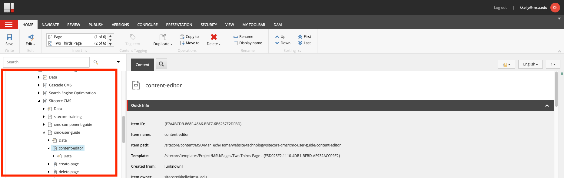 A screenshot of the content editor interface with the content tree marked in red.