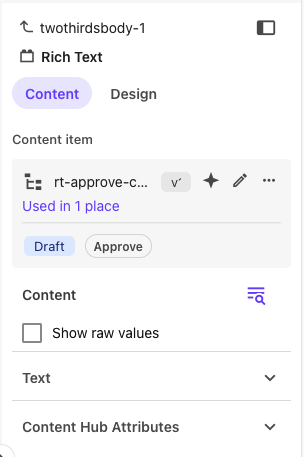 A screenshot of a rich text component showing a draft status with an approve option.