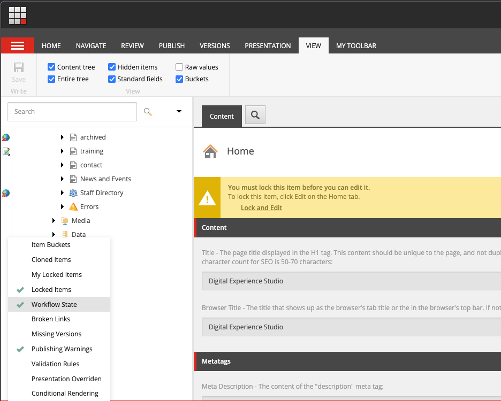 The gutter settings menu is displayed. Locked items, Workflow state and Publishing warnings are checked. 