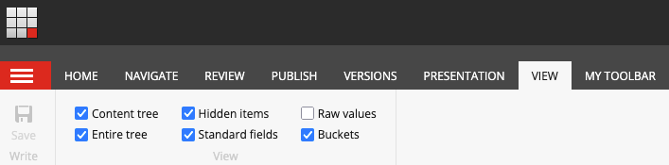 The View ribbon shows the following items checked: Content tree, Entire tree, Hidden items, Standard fields and Buckets.