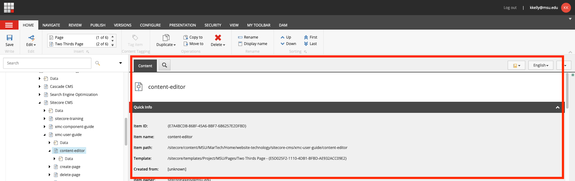 Screenshot of the content editor interface with the content area marked in red.