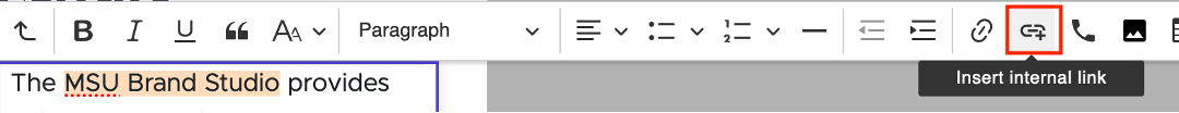 Screenshot showing the insert internal link icon for text links