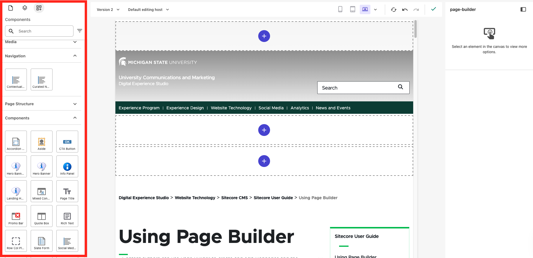 Screenshot of Page Builder with a red box outlining the components menu on the left. Components are represented by icons. 