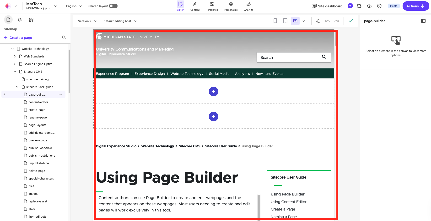 Screenshot of Page Builder. The editing canvas area is outlined in the middle in a red box.