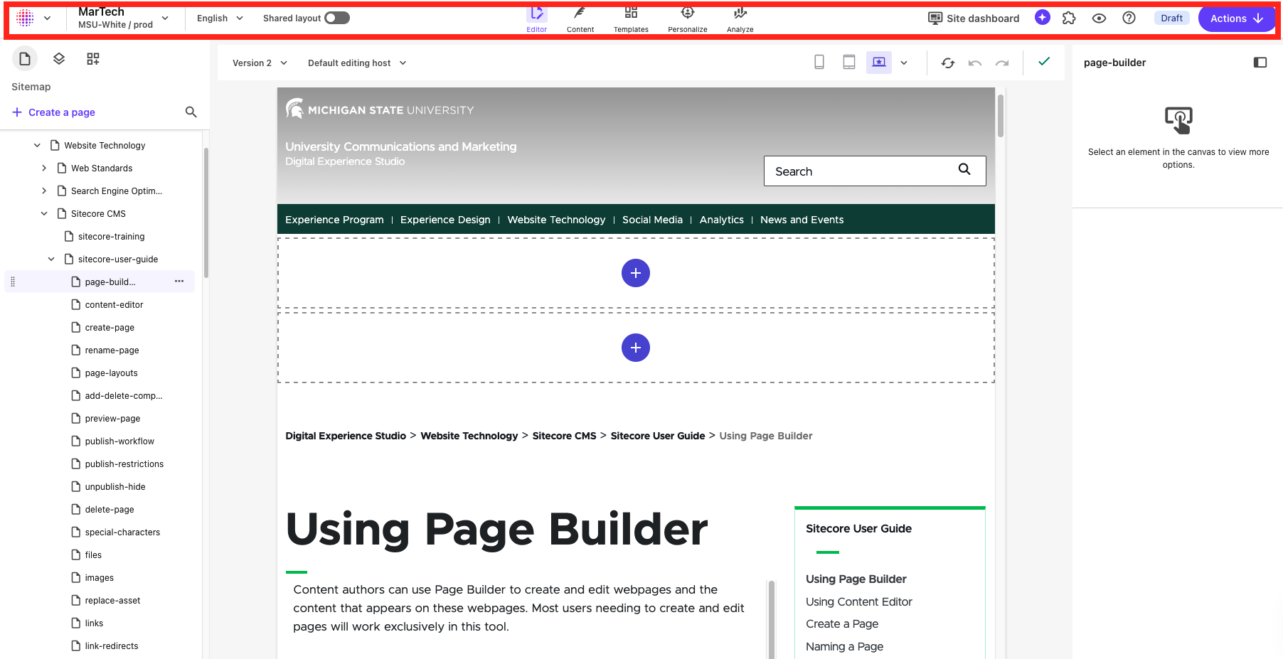Screenshot of Page Builder. The Global Toolbar is outlined with a red box.