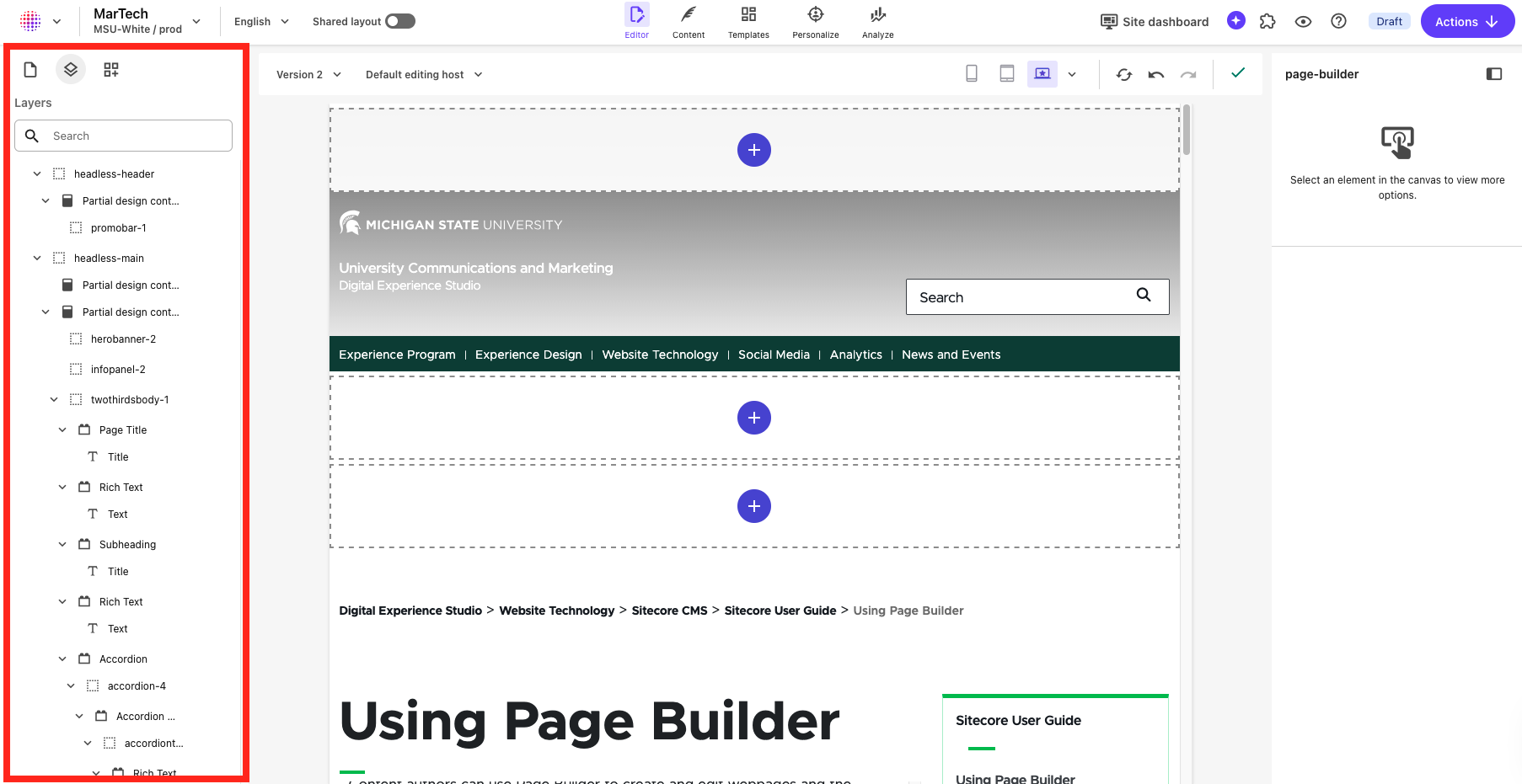 Screenshot of Page Builder with the Layers menu outlined in a red box on the left. Each item is listed, in nested fashion, in the layers menu.