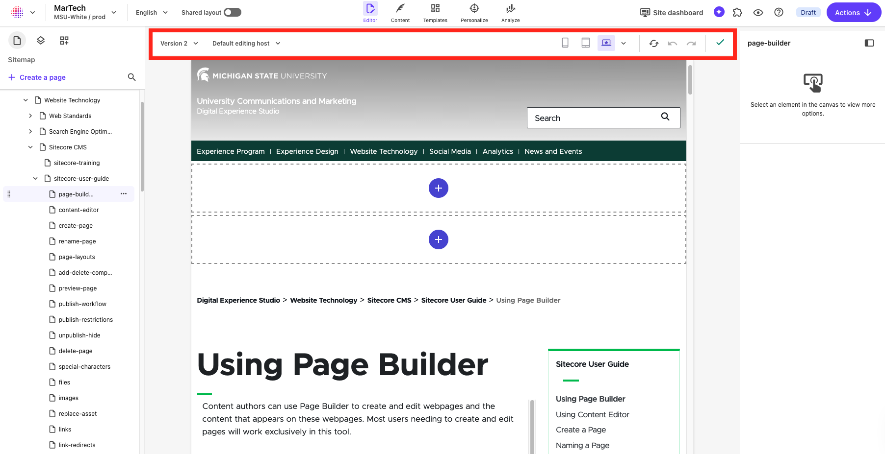Screenshot of Page Builder. The Local Toolbar is outlined with a red box.