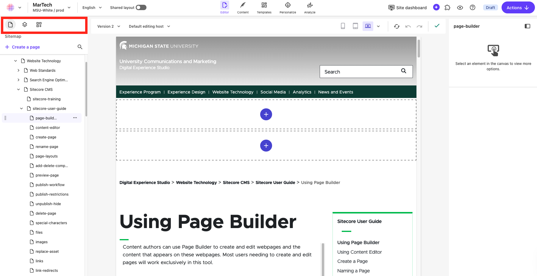 Screenshot of Page Builder. The Pages, Layers and Components menu icons are outlined with a red box.