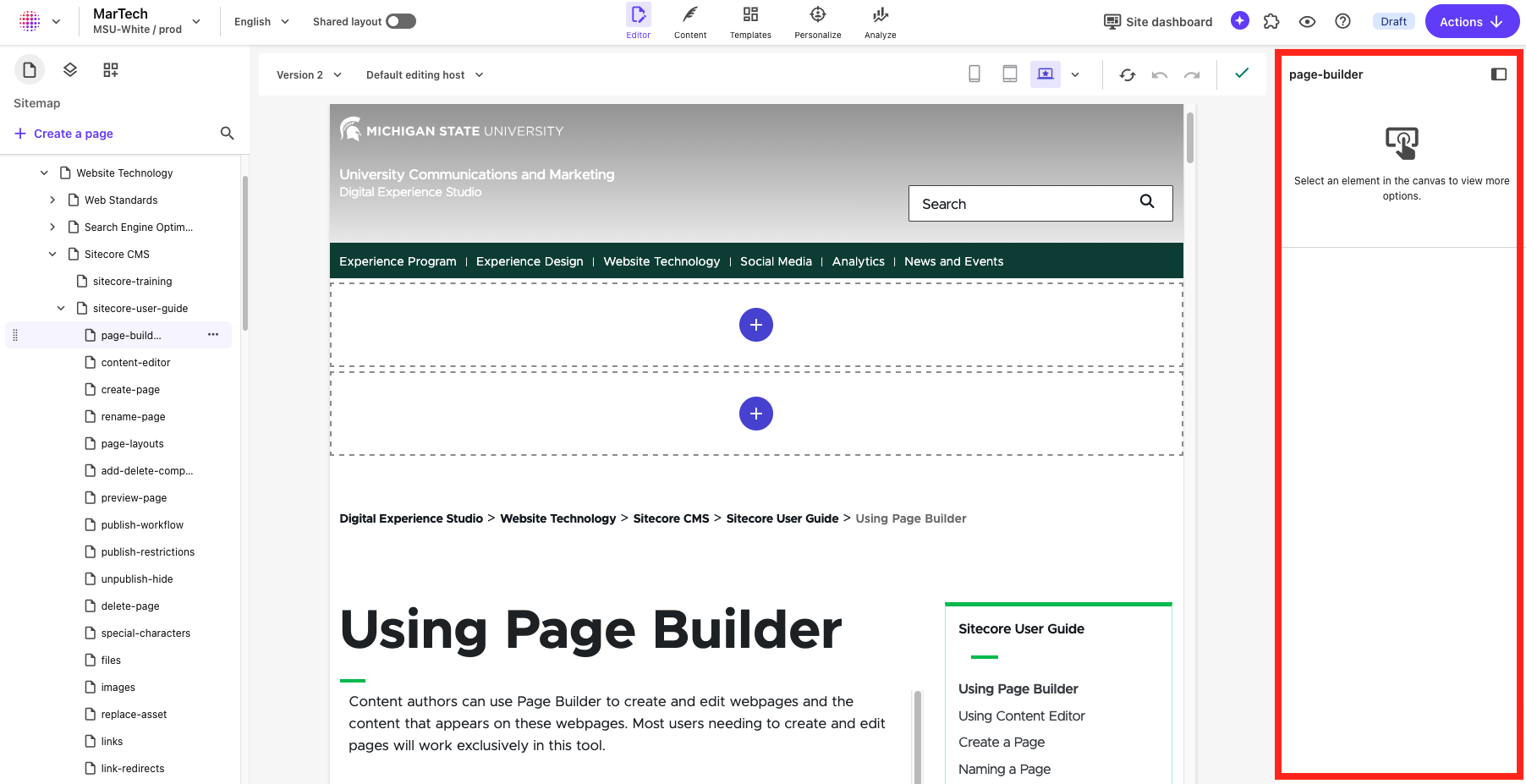 Screenshot of Page Builder. The right side panel is outlined with a red box.