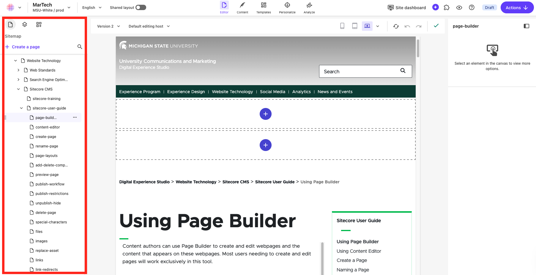 Screenshot of Page Builder. The Sitemap is outlined in the left side panel with a red box.