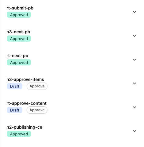 A screenshot of the Page Item menu showing some items as approved and some as in draft status. Draft items can be approved by clicking the Approve button.