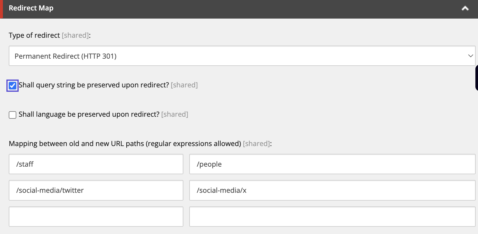A screenshot of the link redirect menu showing the example URLs in the appropriate old and new URL boxes.