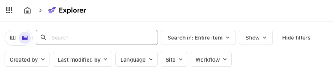 A screenshot of available table filters viewed in Explorer.