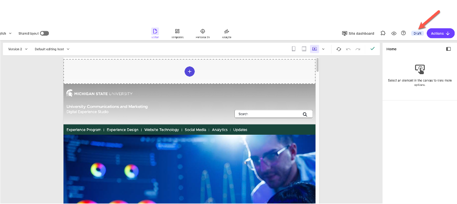 A screenshot of Page builder. The "Draft" status indicator in the top right corner is pointed to by a red arrow.