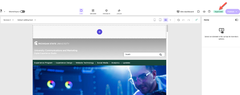 A screenshot of Page builder. The "Approved" status indicator in the top right corner is pointed to by a red arrow.