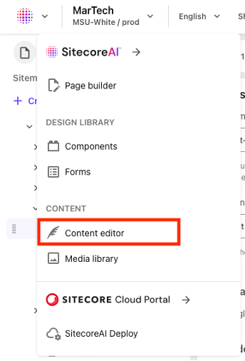 The panel menu of tool options in Sitecore. "Content editor" is outlined with a red box. 