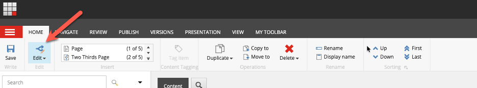 The Edit icon on a screenshot of the Content editor navigation panel is pointed to by a red arrow.