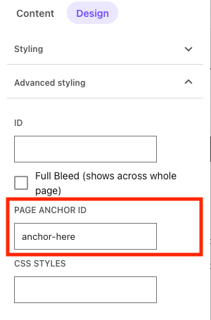 The page anchor ID field is outlined in red