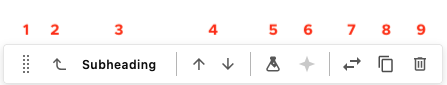 A screenshot of the toolbar for a selected Subheading component. Each icon has a number marked above it, reading 1 through 9 from left to right.