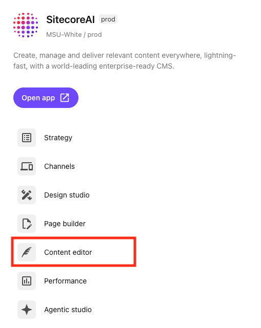 Content editor is marked in red on the tool menu