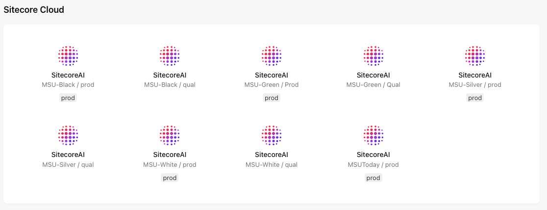 The SitecoreAI environments visible in this screenshot include MSU-Black/prod, MSU-Black/qual, MSU-Green/Prod, MSU-Green/Qual, MSU-Silver/Prod, MSU-Silver/Qual, MSU-White/Prod, MSU-White/Qual and MSUToday/Prod.