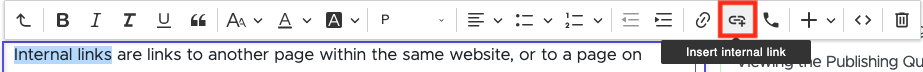 The internal link button outlined in red on a toolbar of icons