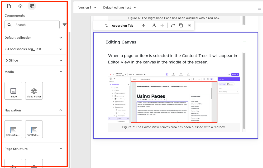 The left side panel menu displaying components that can be placed on a page.