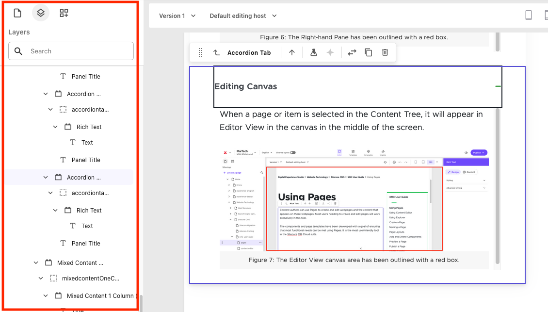 The left side panel displaying layers of items on a page.