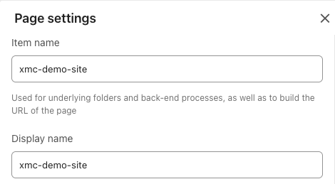 Item name and Display name both show xmc-demo-site