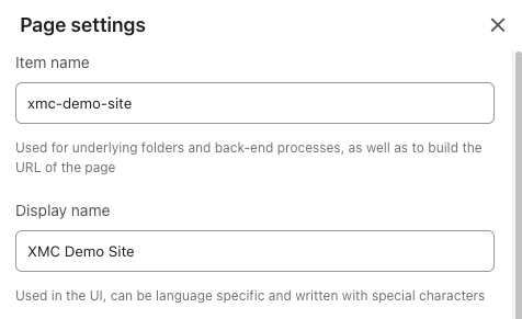 Item name shows xmc-demo-site and Display name reads 
